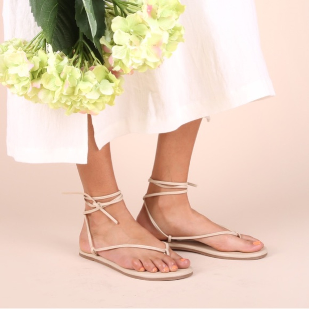 Olive & June “Saturday Sandals”, size 8, peachy pink and gold ties